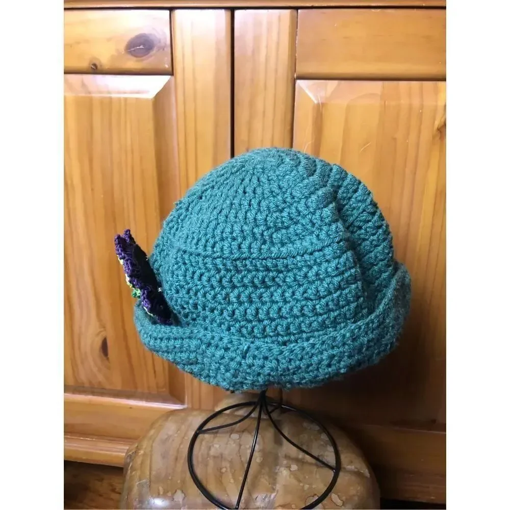 Handmade Crochet Cloche Hat Green Floral Boho Bucket Womens OS